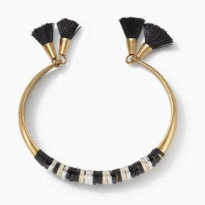 STELLA & DOT Bettina Black White Beaded Tassel Vintage Gold Cuff Bracelet